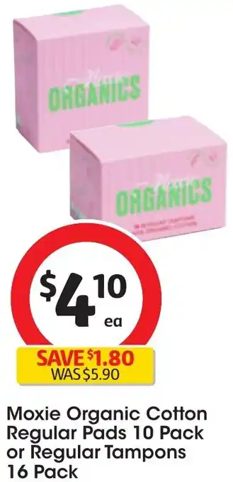 Coles Moxie Organic Cotton Regular Pads 10 Pack or Regular Tampons 16 Pack offer