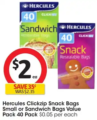 Coles Hercules Clickzip Snack Bags Small or Sandwich Bags Value Pack 40 Pack offer
