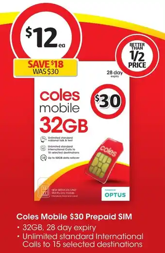 Coles Coles Mobile $30 Prepaid SIM offer
