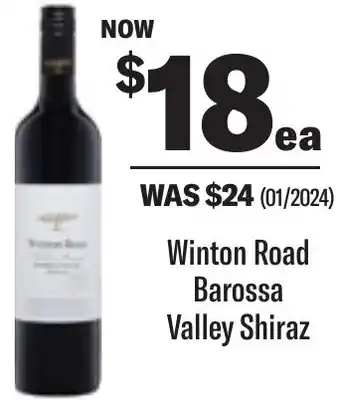 Coles Winton Road Barossa Valley Shiraz offer