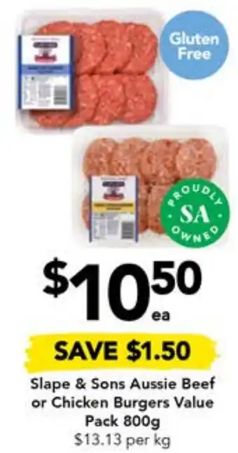 Drakes Slape & Sons Aussie Beef or Chicken Burgers Value Pack 800g offer