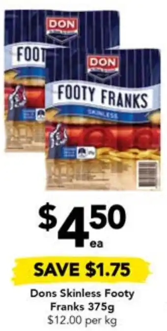 Drakes Dons Skinless Footy Franks 375g offer