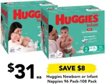 Drakes Huggies Newborn or Infant Nappies 96 Pack-108 Pack offer