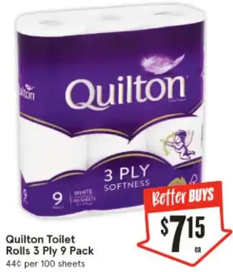 IGA Quilton Toilet Rolls 3 Ply 9 Pack offer