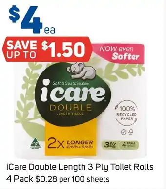 Foodland iCare Double Length 3 Ply Toilet Rolls 4 pack offer