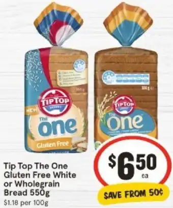 IGA Tip Top The One !Gluten Free White or Wholegrain Bread 550g offer