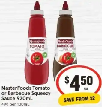 IGA MasterFoods Tomato or Barbecue Squeezy Sauce 920mL offer