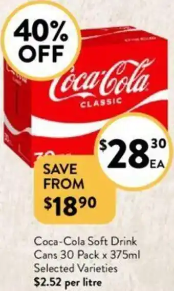 Foodworks Coca-Cola Soft Drink Cans 30 Pack x 375ml offer