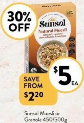 Foodworks Sunsol Muesli or Granola 450/500g offer