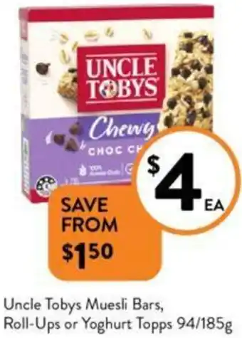 Foodworks Uncle Tobys Muesli Bars, Roll-Ups or Yoghurt Topps 94/185g offer