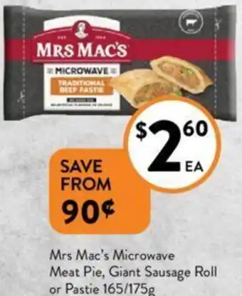 Mrs Mac's Microwave Meat Pie, Giant Sausage Roll or Pastie 165/175g