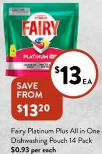 Foodworks Fairy Platinum Plus All in One Dishwashing Pouch 14 Pack offer