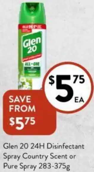 Foodworks Glen 20 24H Disinfectant Spray Country Scent or Pure Spray 283-375g offer