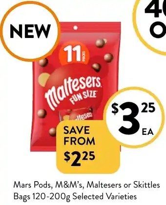 Foodworks Mars Pods, M&M's, Maltesers or Skittles Bags 120-200g offer
