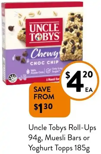 Foodworks Uncle Tobys Roll-Ups 94g, Muesli Bars or Yoghurt Topps 185g offer