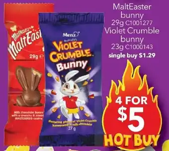 MaltEaster bunny 29g Violet Crumble bunny 23g