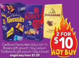 Cheap as Chips Cadbury Favourites 265g , Roses gift pouch 150g, Toblerone gift pouch 120g offer