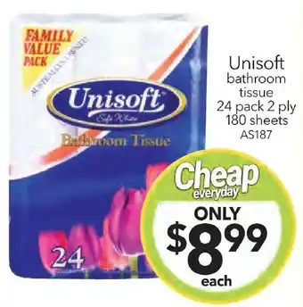 Unisoft bathroom tissue 24 pack 2 ply 180 sheets