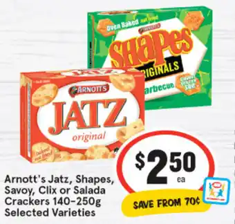 IGA Arnott's Jatz, Shapes, Savoy, Clix or Salada Crackers 140-250g offer