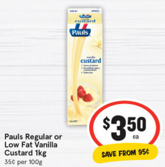IGA Pauls Regular or Low Fat Vanilla Custard 1kg offer