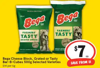 IGA Bega Cheese Block, Grated or Tasty Bar-B-Cubes 500g offer