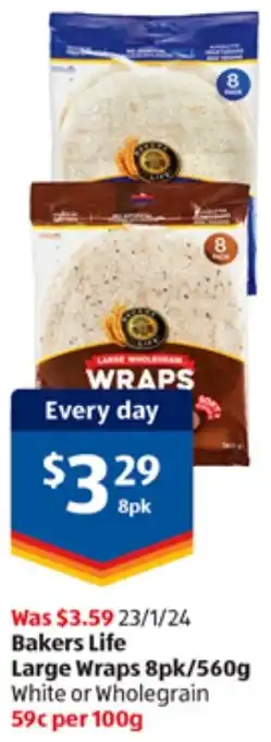 ALDI Bakers Life Large Wraps 8pk/560g offer