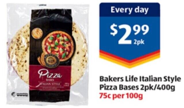 Bakers Life Italian Style Pizza Bases 2pk/400g offer at ALDI