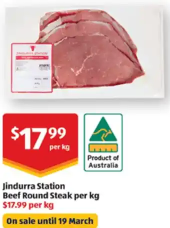 ALDI Jindurra Station Beef Round Steak per kg offer