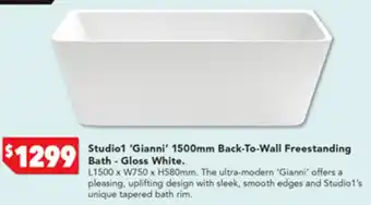 Harvey Norman Studio1 'Gianni' 1500mm Back-To-Wall Freestanding Bath - Gloss White offer