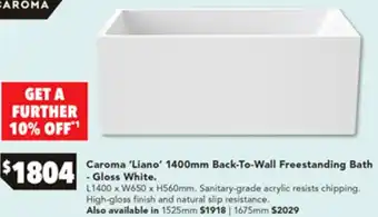 Caroma 'Liano' 1400mm Back-To-Wall Freestanding Bath -Gloss White