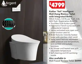 Kohler 'Veil' Intelligent Wall-Hung Rimless Toilet with Integrated Bidet
