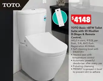 Harvey Norman TOTO Basic +BTW Toilet Suite with $5 Washlet D-Shape & Remote Control offer