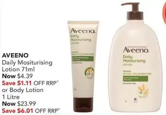 Amcal Pharmacies AVEENO Daily Mositurising Lotion 71ml or Body Lotion 1 Litre offer
