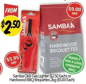 NQR Samba Click Gas Lighter or Hardwood BBQ Briquettes 2kg offer