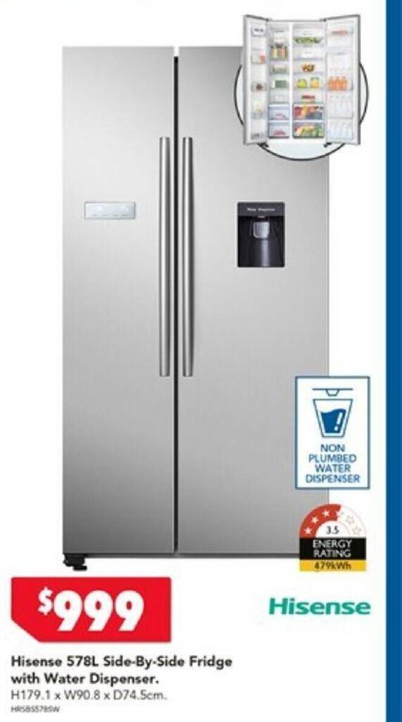 Hisense 578L Side By Side Fridge with Water Dispenser offer at Harvey