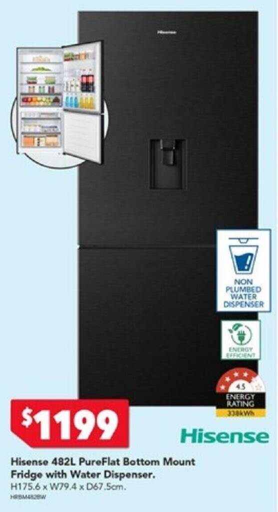 Hisense 482L PureFlat Bottom Mount Fridge with Water Dispenser offer at
