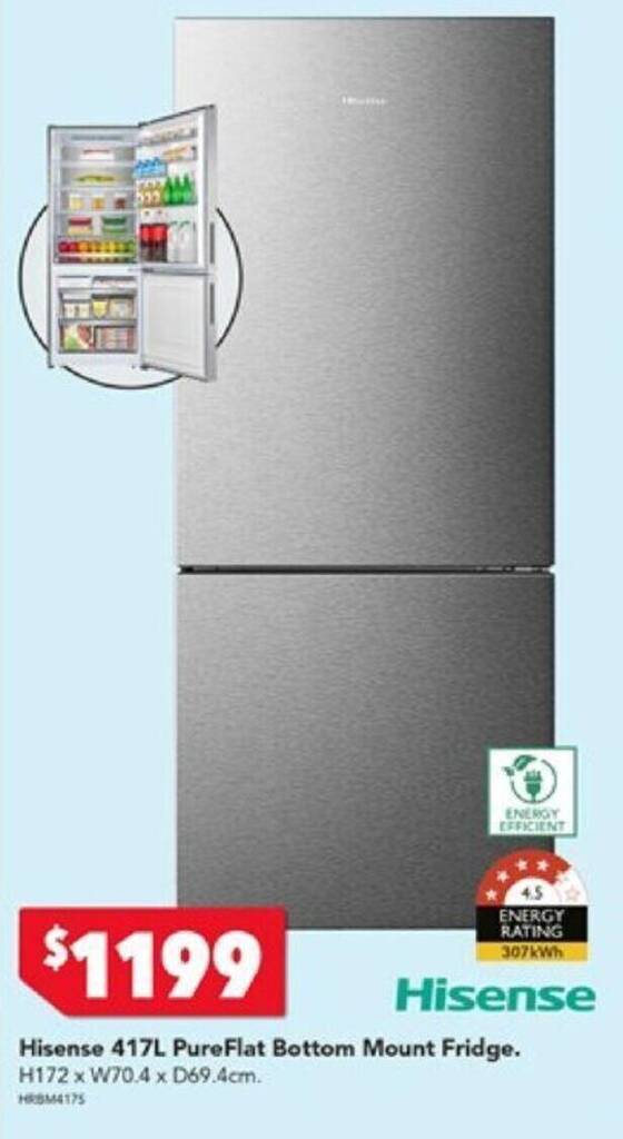 Hisense 417L PureFlat Bottom Mount Fridge offer at Harvey Norman
