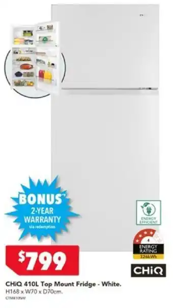 Harvey Norman CHiQ 410L Top Mount Fridge White offer
