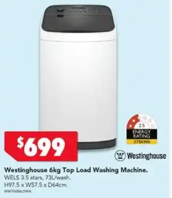 Harvey Norman Westinghouse 6kg Top Load Washing Machine offer