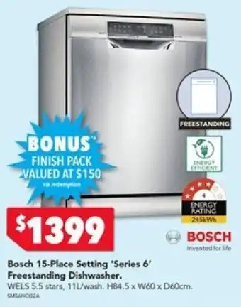 Harvey Norman Bosch 15- Place setting 'Series 6' Freestanding Dishwasher offer
