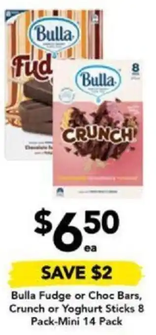 Drakes Bulla Fudge or Choc Bars. Crunch or Yoghurt Sticks 8 pack Mini 14 Pack offer