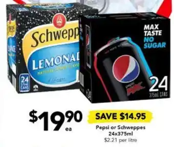 Drakes Pepsi or Schweppes 24x375ml offer