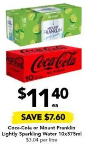 Drakes Coca-Cola or Mount Franklin Lightly Sparkling Water 10x375ml offer