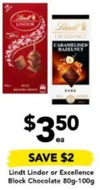 Drakes Lindt Lindor or Excellence Block chocolate 80g-100g offer