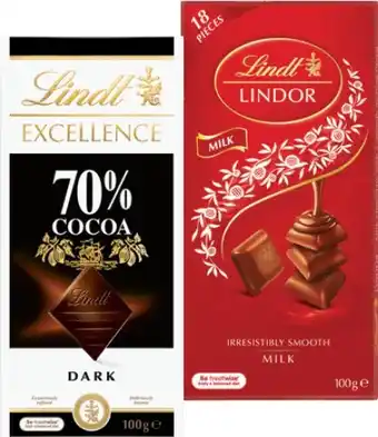 IGA Lindt Lindor or Excellence Chocolate Block 80-100g Selected Varieties offer