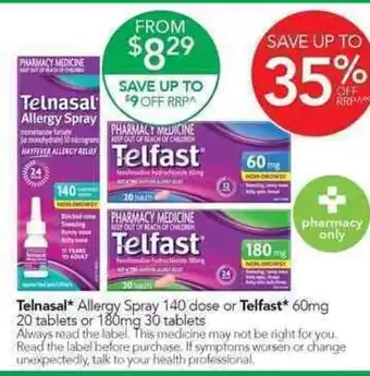 Telnasal Allergy Spray 140 dose or Telfast 60mg 20 Tablets or 180mg 30 Tablets