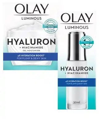 Coles Olay Luminous Hyalauron + Niacinimide Gel Serum 30mL or Mosituriser 50g offer