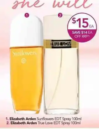 Terry White Elizabeth Arden Sunflower EDT Spray 100ml or Elizabeth Arden True Love EDT Spray 100ml offer