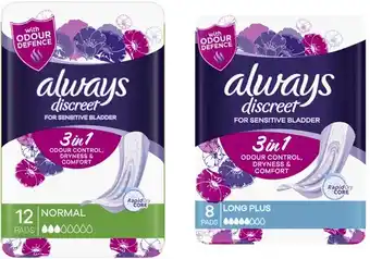 Coles Always Discreet for Sensitive Bladder Incontinence Pads Long Plus 8 Pack or Normal 12 Pack offer