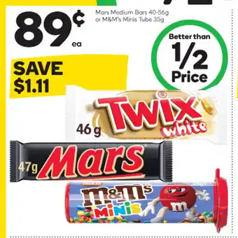 Woolworths Mars Medium Bars 40-56g or M&M's Minis Tube 35g offer